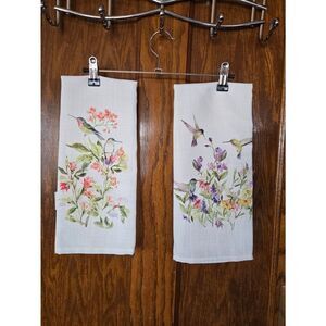 Hummingbird Floral Kitchen Tea Towels - White Set Of Two